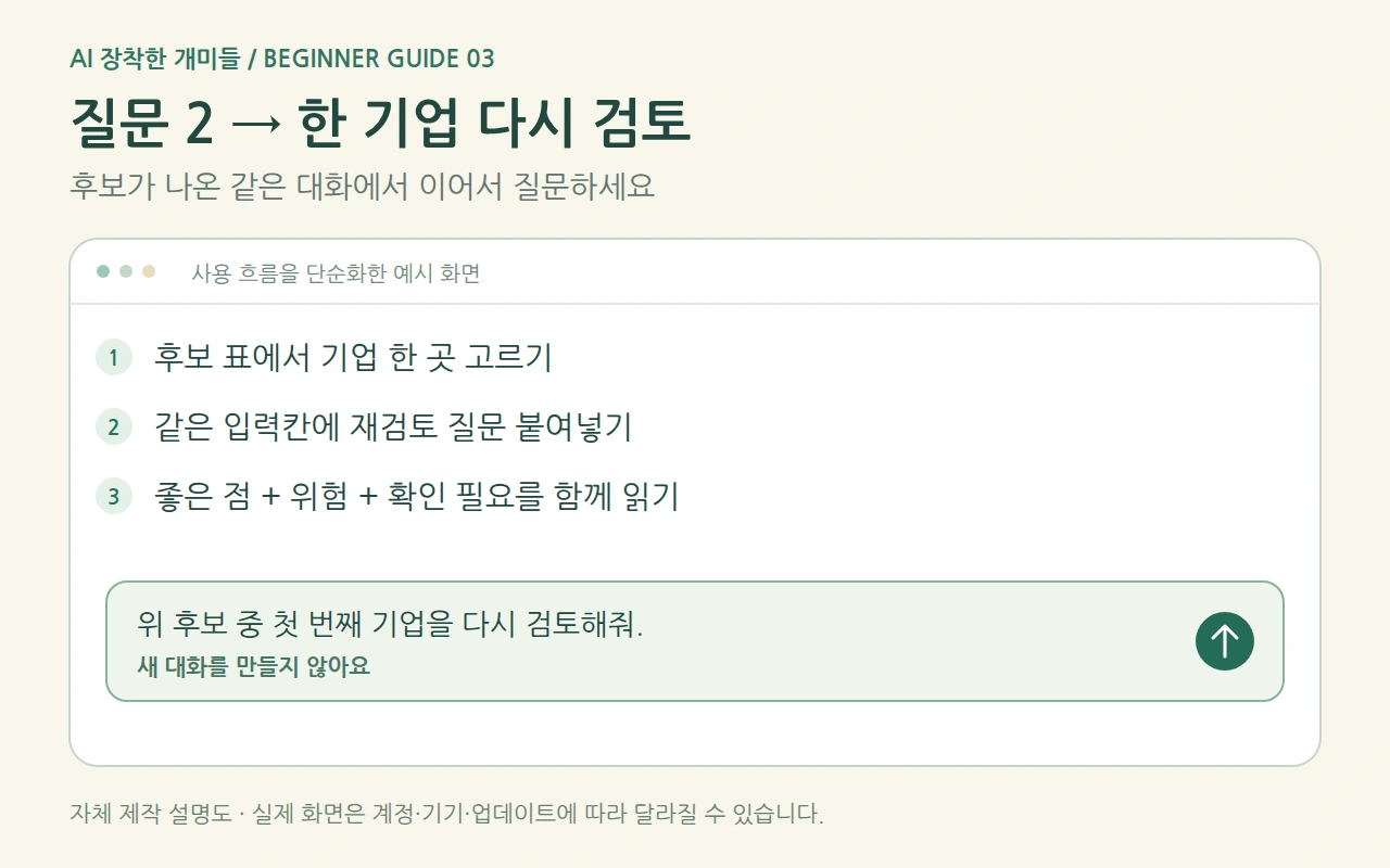질문 2 → 한 기업 다시 검토 사용 순서 예시 화면