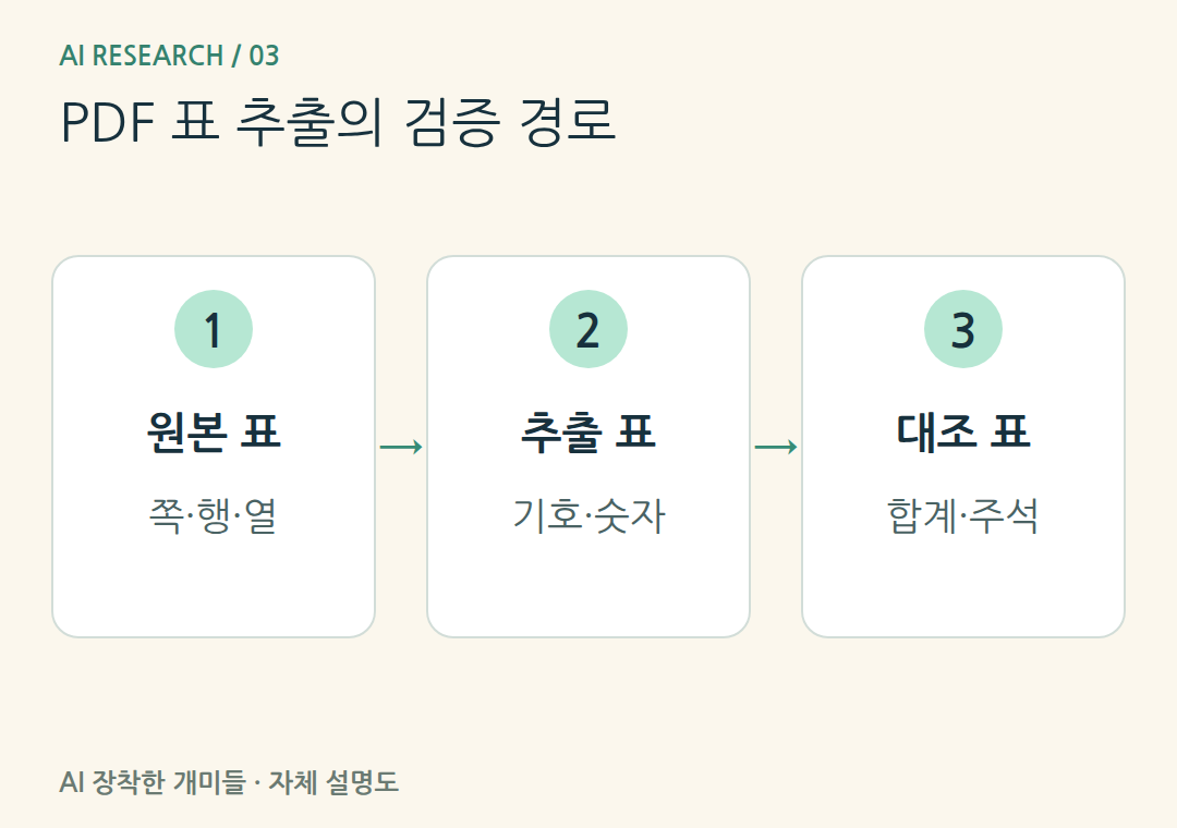 PDF 표 추출의 검증 경로。이미지를 읽었다는 사실과 숫자가 정확하게 추출됐다는 사실은 별도로 확인합니다.