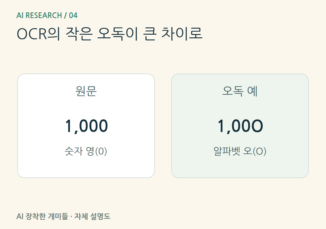 OCR의 작은 오독이 큰 차이로。숫자0과 문자O, 괄호 음수와 대시를 원문 확대 화면에서 대조합니다.