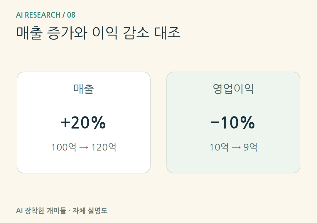 매출 증가와 이익 감소 대조。가상 매출 성장률과 영업이익 성장률을 구분하고 비용 변화 근거를 추가로 찾습니다.