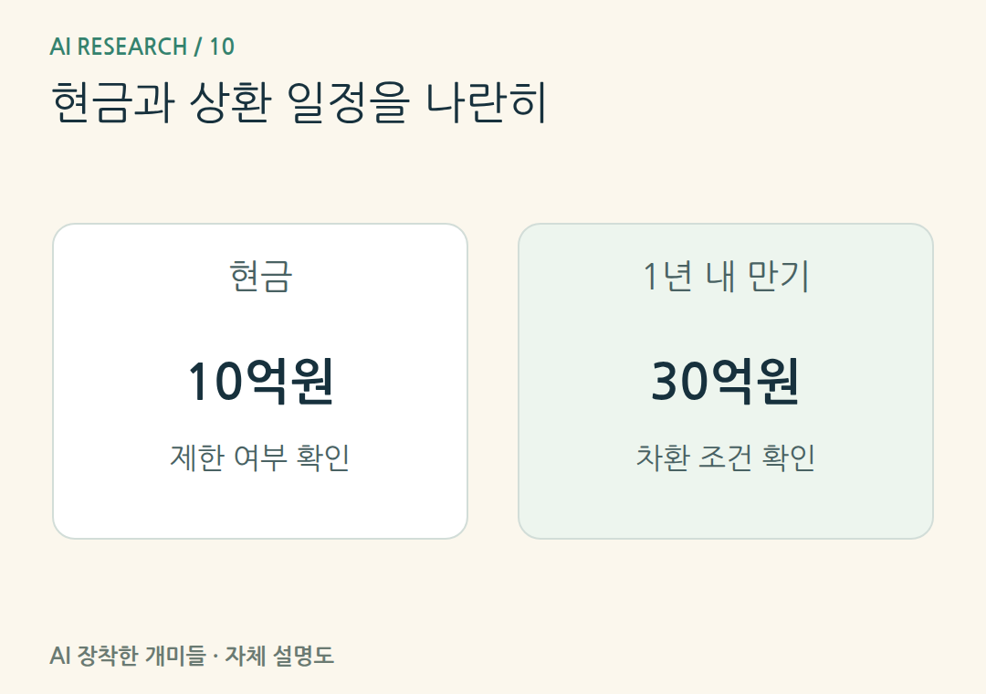 현금과 상환 일정을 나란히。가상 차이20억원은 추가 질문의 출발점이며 곧바로 부도나 안전 여부를 뜻하지 않습니다.