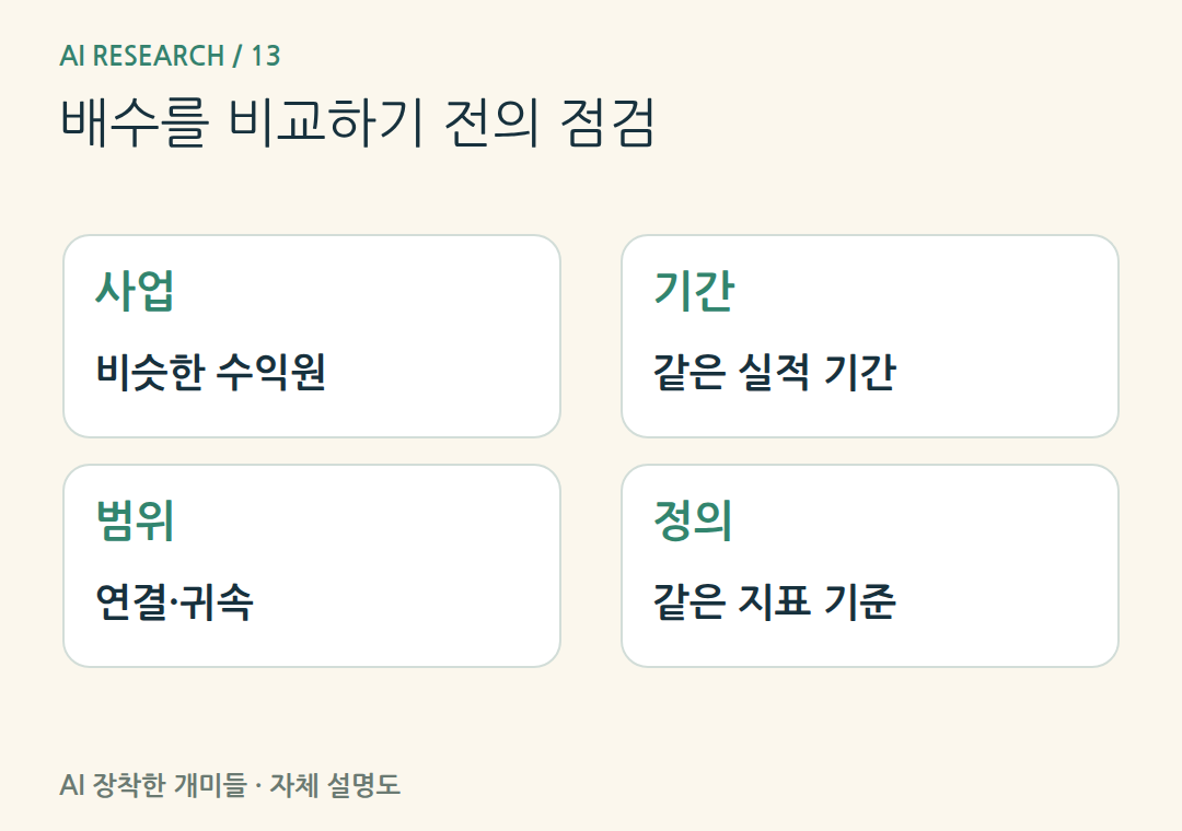 배수를 비교하기 전의 점검。기업 이름이나 업종명만 같다고 비교하지 않고 숫자의 범위와 정의를 맞춥니다.