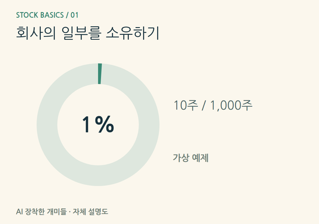 회사의 일부를 소유하기。가상 보통주1,000주 중10주는 지분1%입니다. 회사 현금의 인출권을 뜻하지 않습니다.
