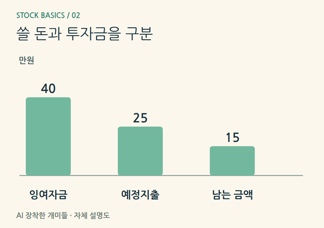 쓸 돈과 투자금을 구분。가상 월 잉여40만원에서 예정지출 준비25만원을 빼면15만원입니다. 남은 돈도 비상 지출부터 확인합니다.
