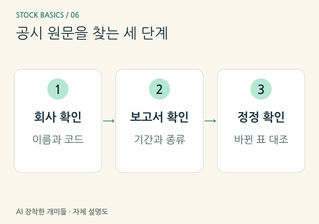 공시 원문을 찾는 세 단계。검색 결과를 찾은 뒤에도 보고 기간과 정정 본문을 확인해야 합니다.
