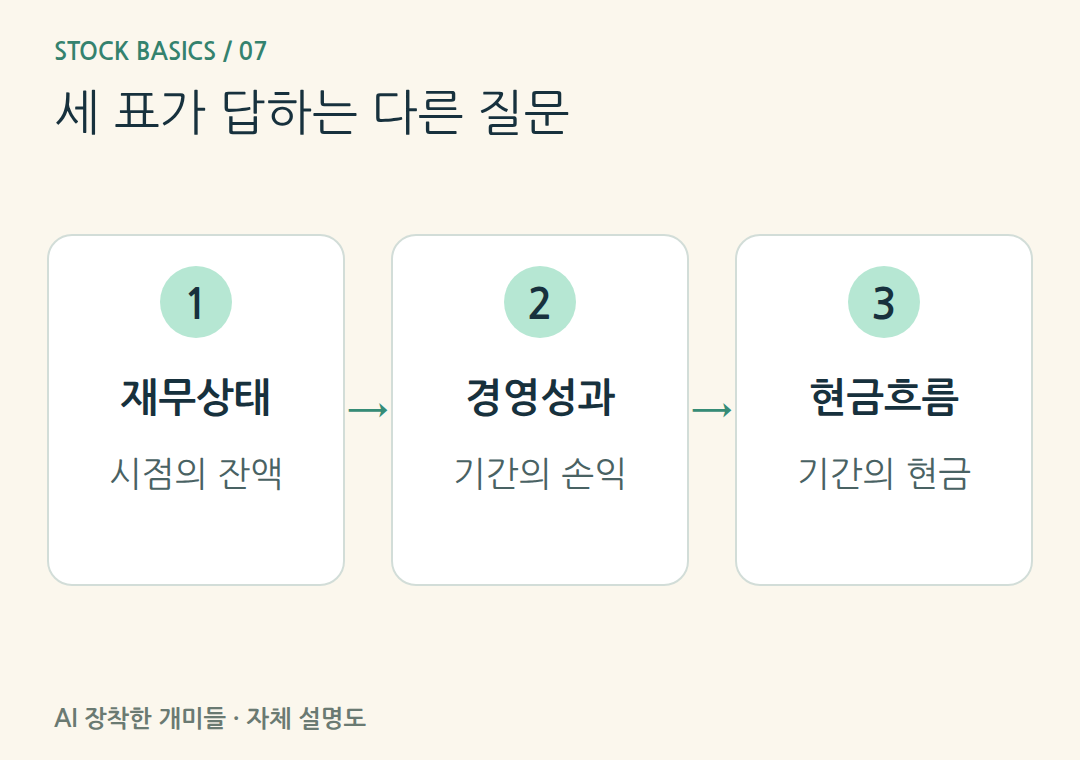 세 표가 답하는 다른 질문。재무상태표는 특정 시점, 손익계산서·현금흐름표는 일정 기간을 설명합니다.