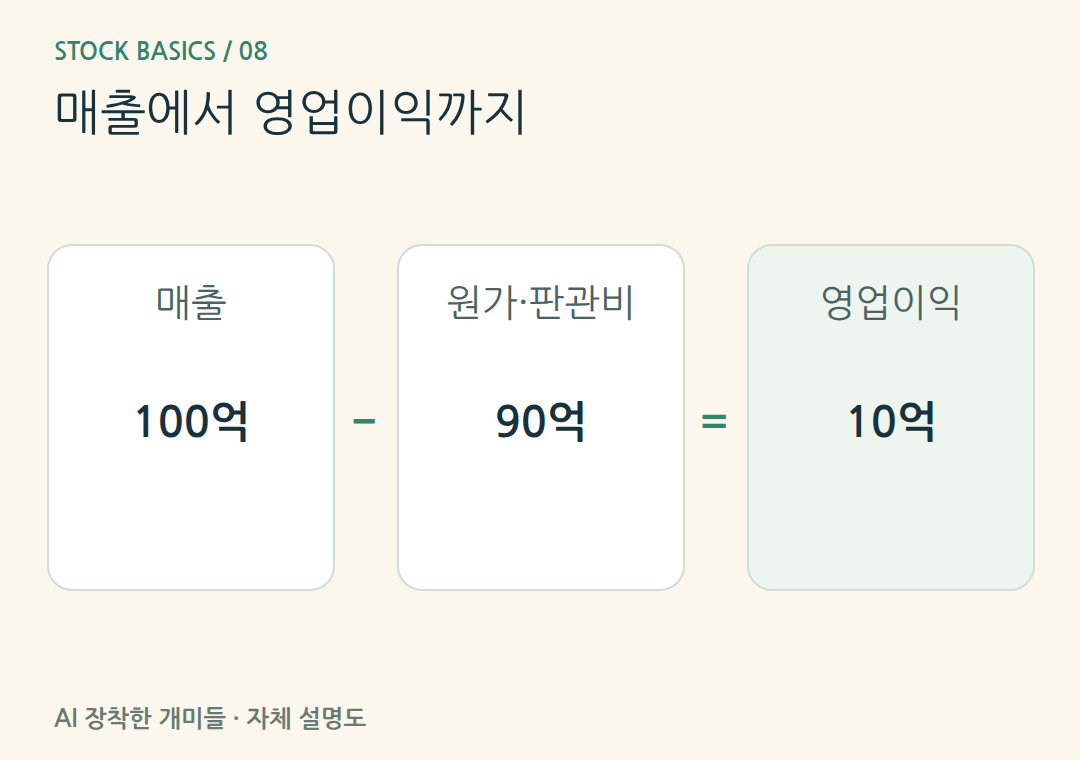매출에서 영업이익까지。가상 매출100억원에서 원가65억원·판관비25억원을 빼면 영업이익10억원입니다.
