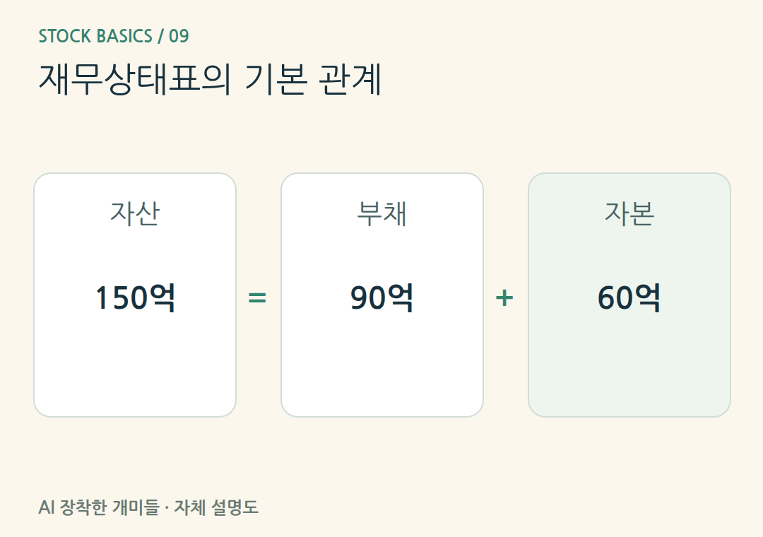 재무상태표의 기본 관계。가상 자산150억원 = 부채90억원 + 자본60억원입니다. 자본과 현금은 다른 항목입니다.