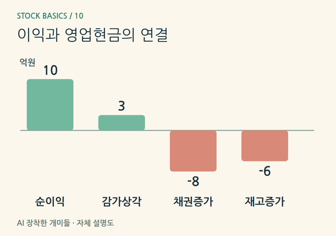 이익과 영업현금의 연결。다른 조정이 없다는 가정에서10+3−8−6 = 영업현금-1억원입니다. 막대는 각 조정 금액입니다.