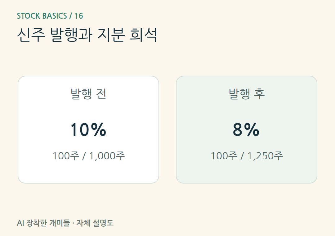 신주 발행과 지분 희석。가상 신주250주 발행에 참여하지 않은 경우입니다. 유입 자금의 가치 효과는 별도로 봅니다.