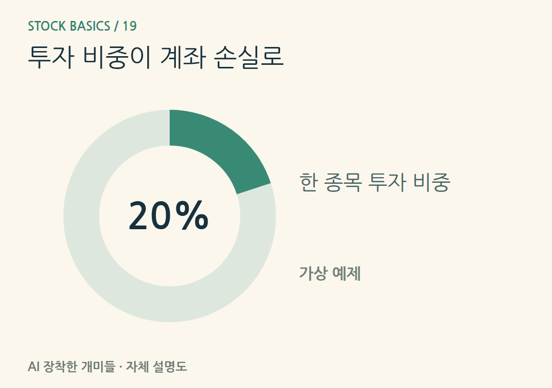 투자 비중이 계좌 손실로。가상100만원 중20만원 투자 종목만30% 하락하면6만원 손실, 전체 자금의6%입니다.