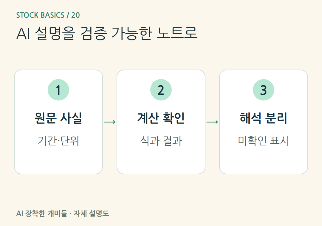 AI 설명을 검증 가능한 노트로。매출120억·영업이익9억원이면 이익률7.5%는 계산 결과이며 경쟁력 평가는 별도의 해석입니다.