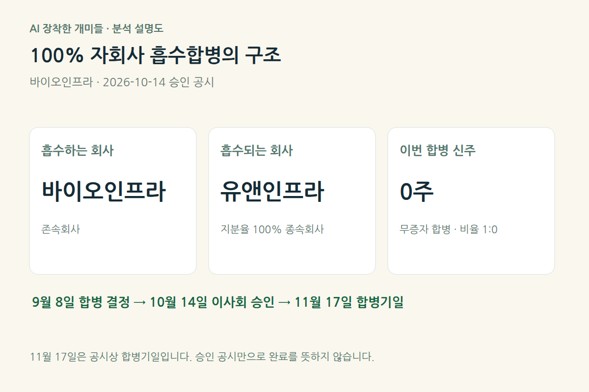 바이오인프라가 지분 100% 자회사 유앤인프라를 흡수하며 이번 합병에서 신주를 발행하지 않는 구조와 공시 일정.