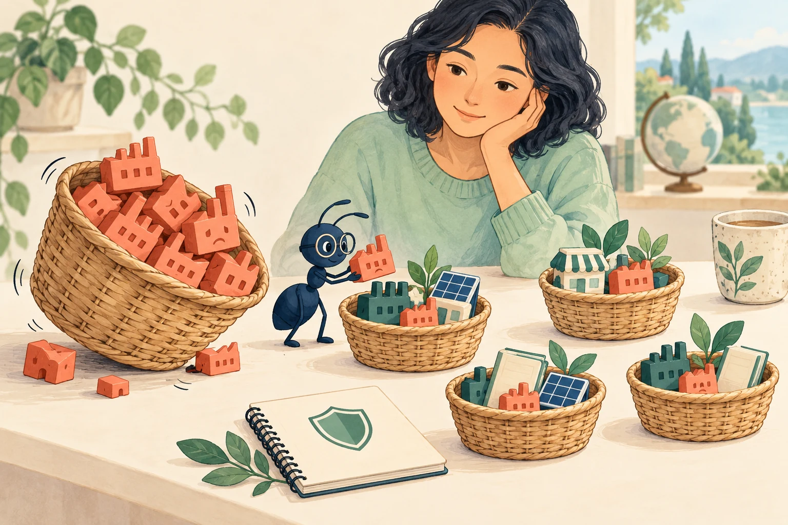 같은 산업에 몰린 바구니와 다른 사업의 위험이 나뉜 여러 바구니를 비교한 삽화