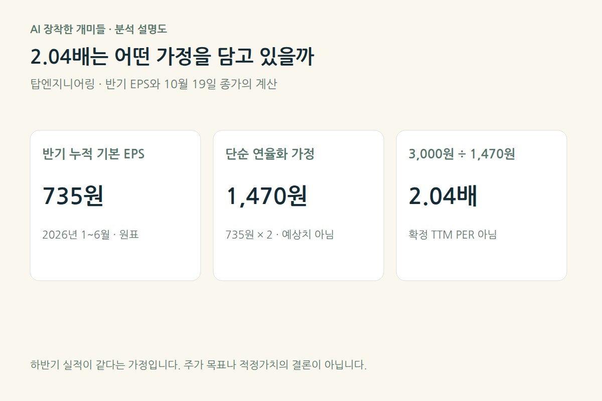 반기 누적 EPS 735원을 두 배인 1470원으로 가정한 뒤 3000원 종가로 나누면 약 2.04배가 되지만, 확정 최근 12개월 PER이 아님을 표시한 설명도.