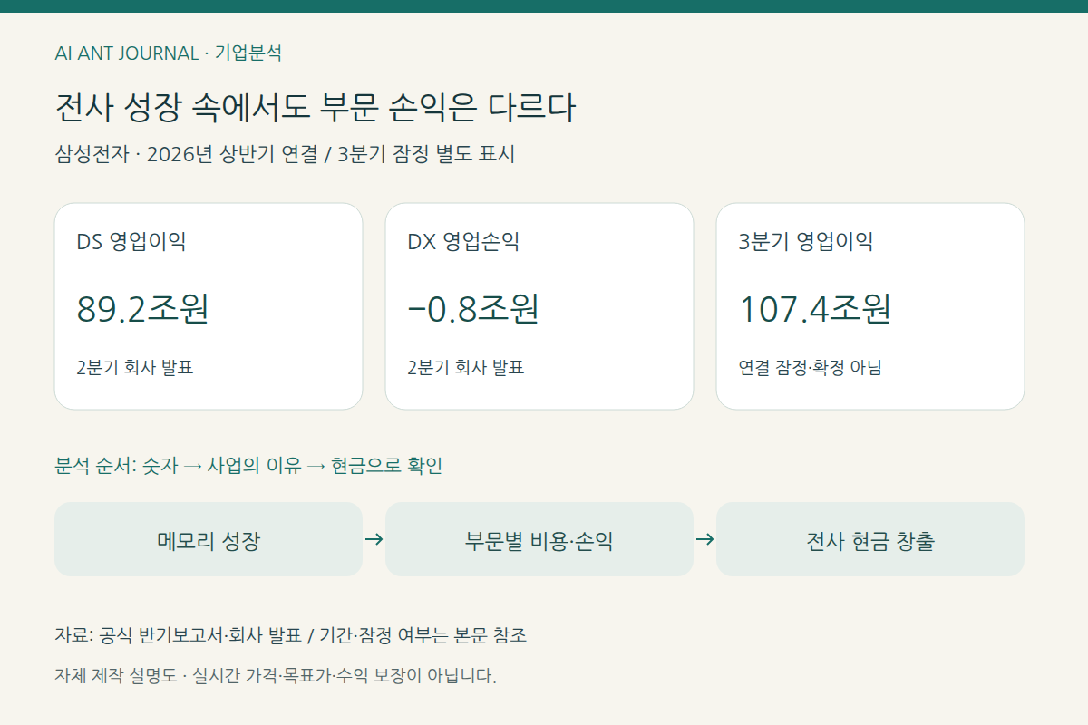 삼성전자 분석 설명도: 전사 성장 속에서도 부문 손익은 다르다; DS 영업이익: 89.2조원; DX 영업손익: −0.8조원; 3분기 영업이익: 107.4조원