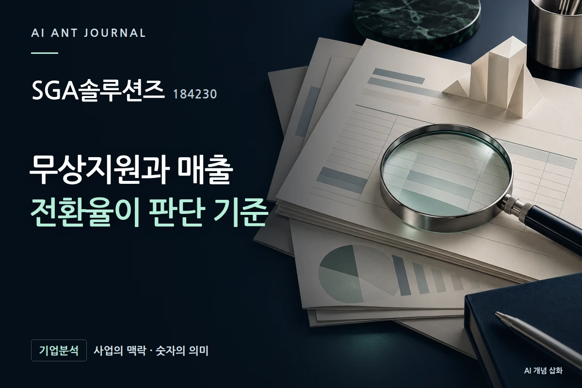 SGA솔루션즈 · 무상지원과 매출 전환율이 판단 기준 · 사업 주제 개념 삽화