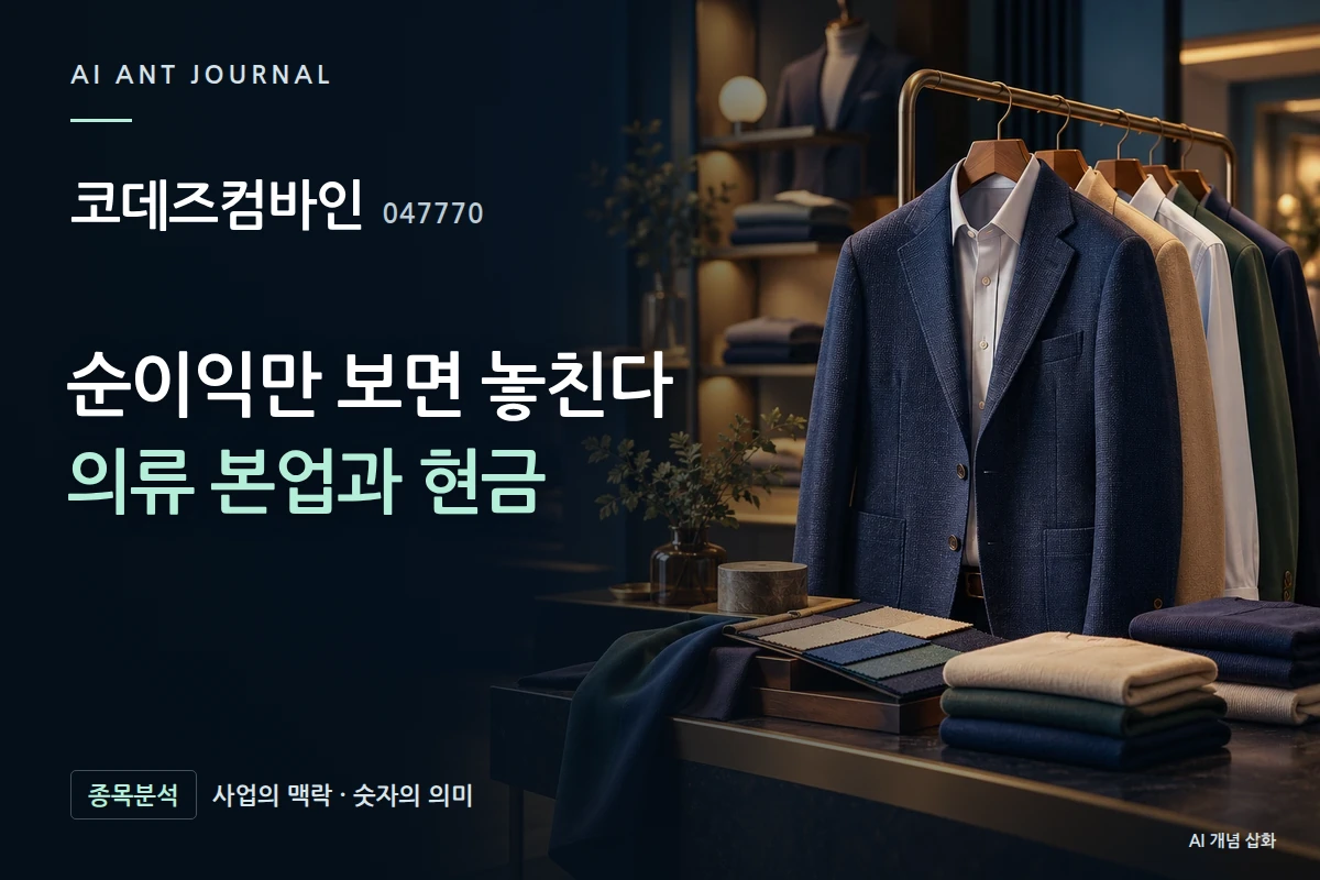 코데즈컴바인 · 순이익만 보면 놓친다 의류 본업과 현금 · 사업 주제 개념 삽화
