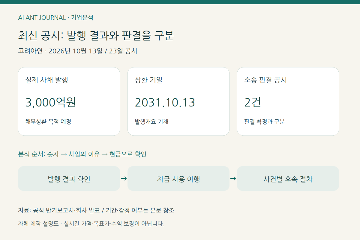 고려아연 사채 3,000억원 발행, 2031년 상환기일, 소송 판결 공시 두 건을 구분하는 설명도