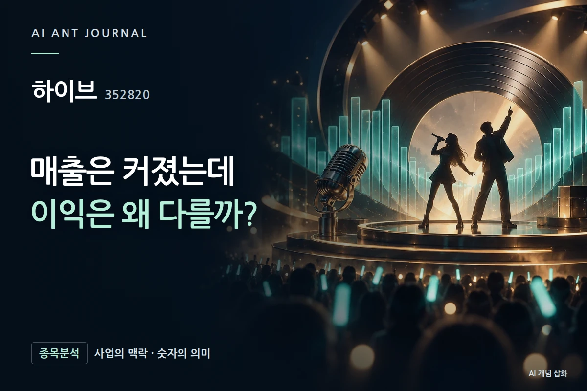 하이브 · 매출은 커졌는데 이익은 왜 다를까? · 사업 주제 개념 삽화