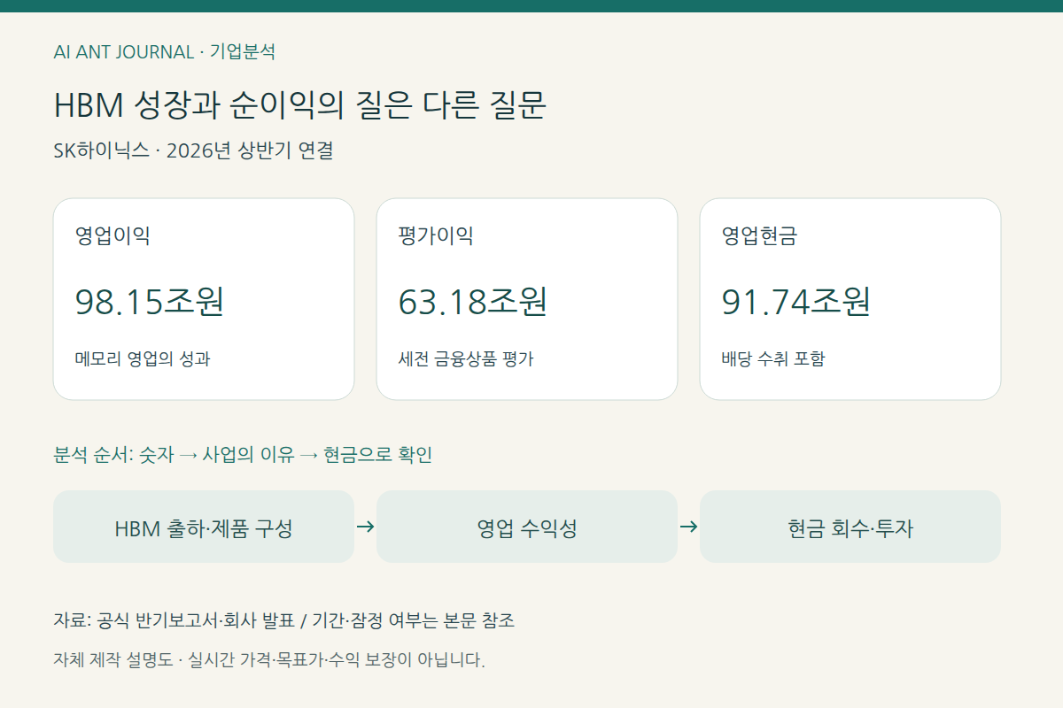 SK하이닉스 분석 설명도: HBM 성장과 순이익의 질은 다른 질문; 영업이익: 98.15조원; 평가이익: 63.18조원; 영업현금: 91.74조원